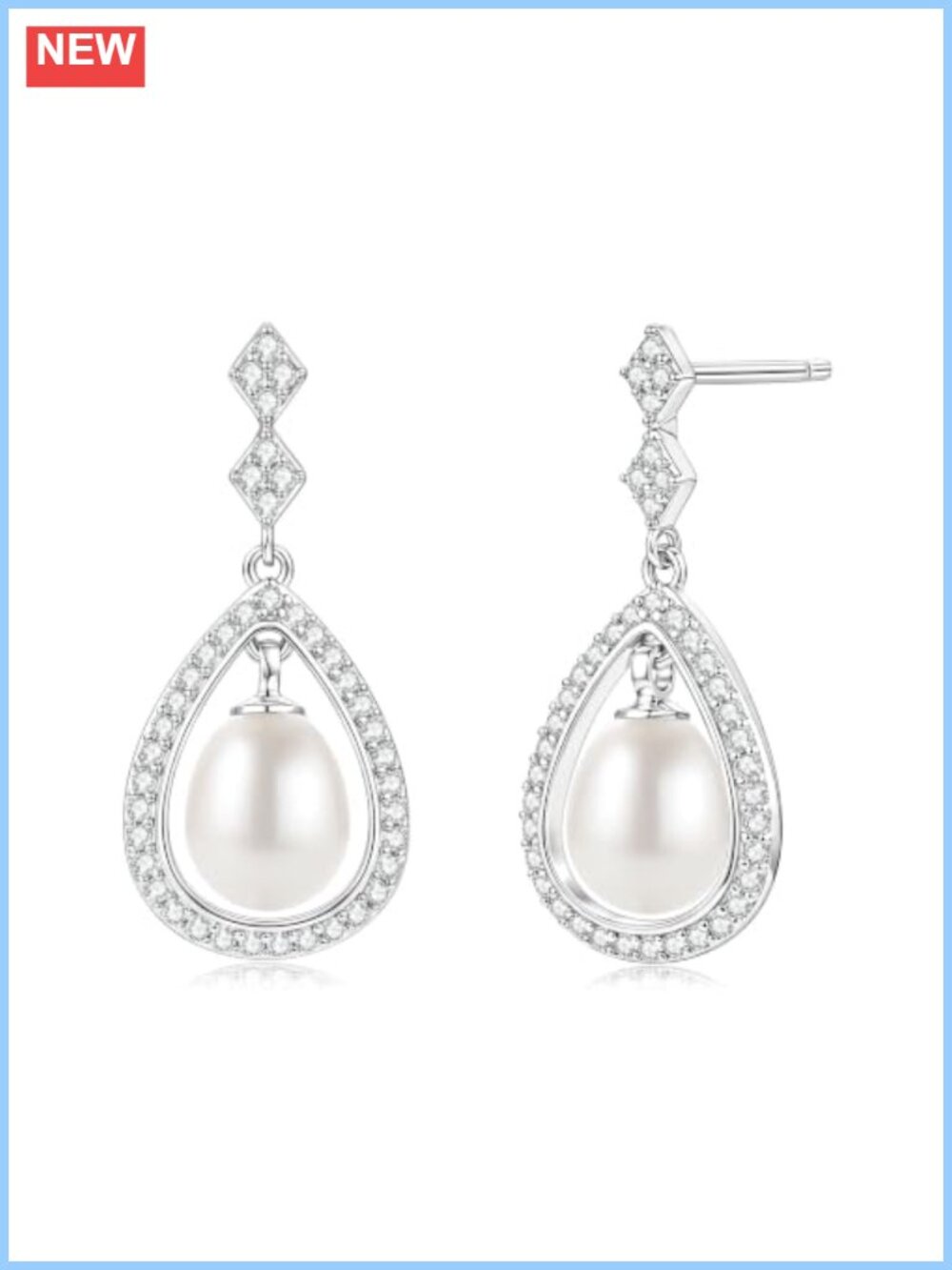 14K Gold Plated Teardrop Freshwater Pearl Dangle Earrings Moissanite Deco